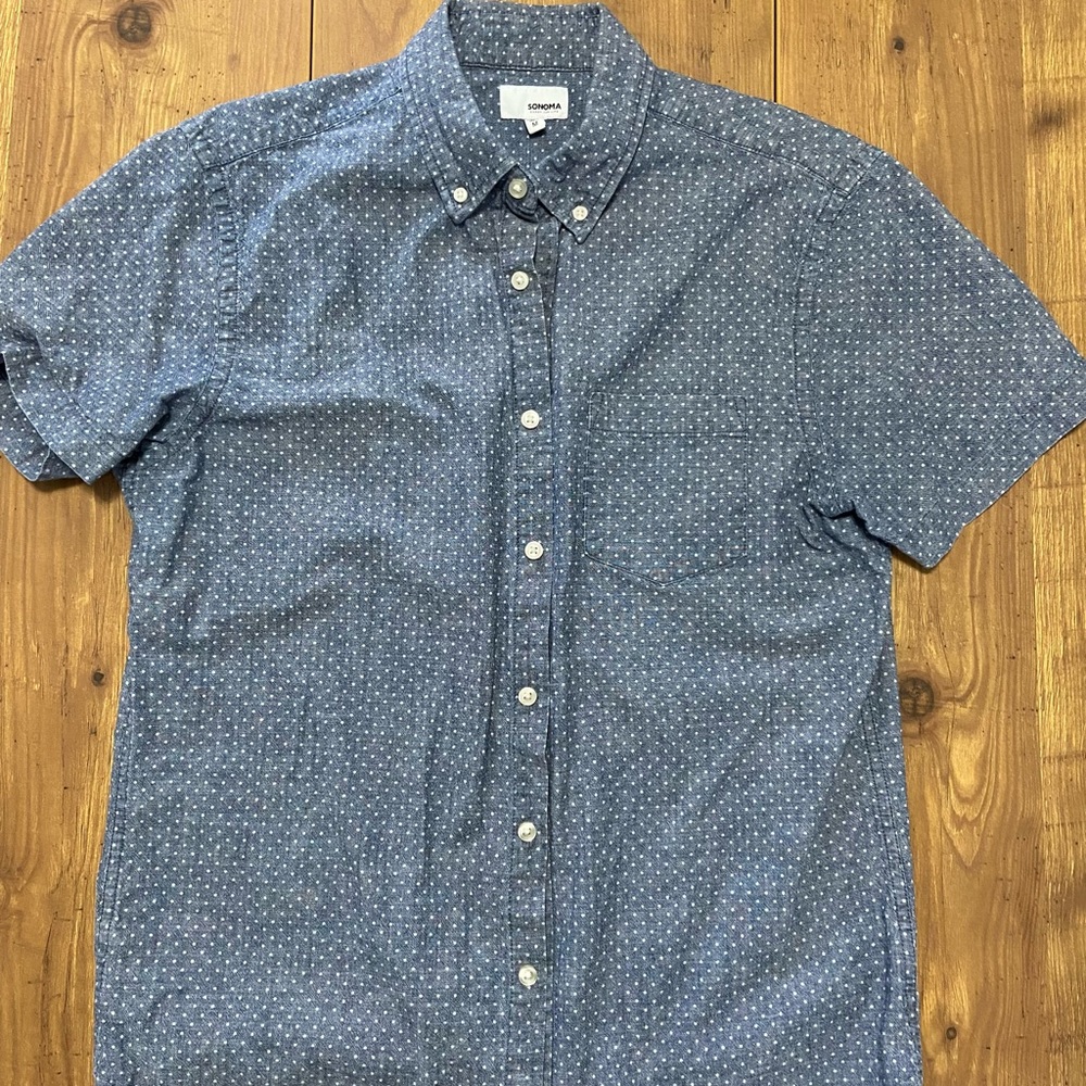 Sonoma Blue with White Polka Dots Short Sleeved Button Up Shirt